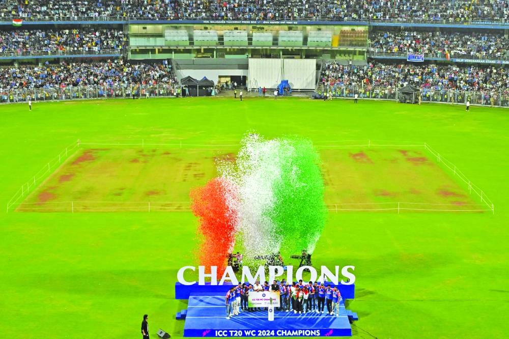 
Members of the Indian team stand on a podium during ceremony at the Wankhede Stadium in Mumbai. (AFP) 