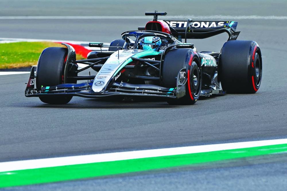 Mercedes’ George Russell during qualifying for the British Grand Prix Silverstone Circuit, Silverstone, Britain, on Saturday. (Reuters)