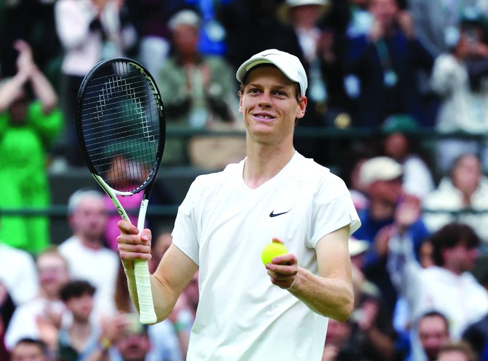 
Italy’s Jannik Sinner celebrates after winning his fourth round match against Ben Shelton of the US yesterday. (Reuters) 