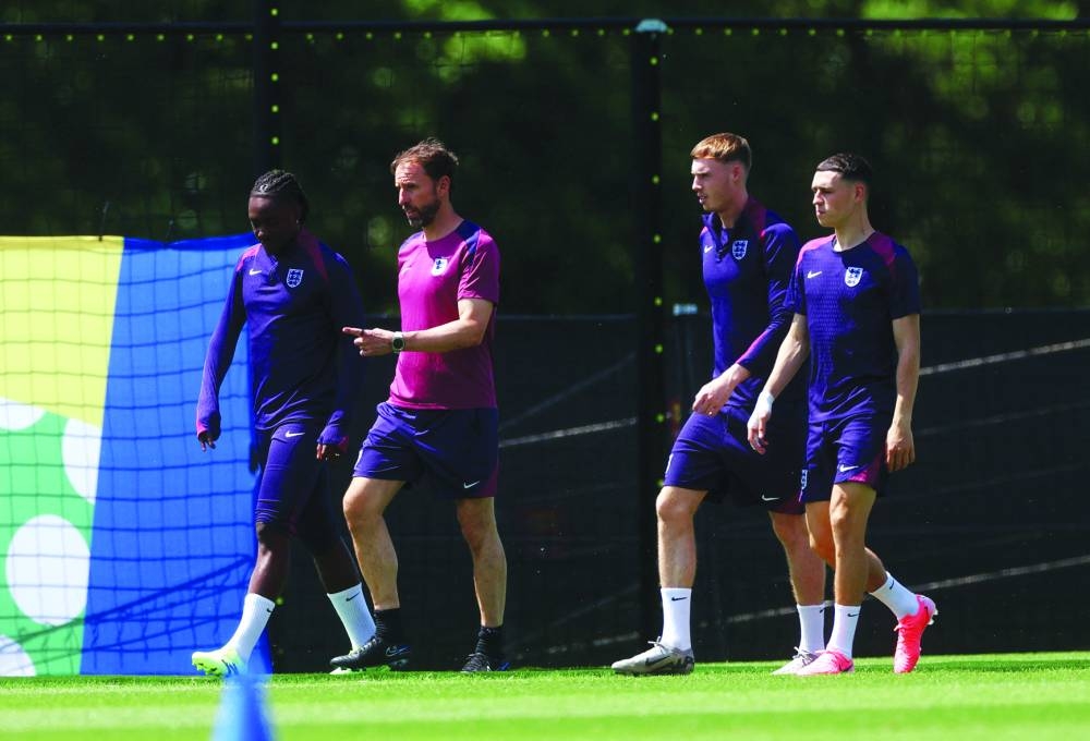 England manager Gareth Southgate, players Phil Foden, Cole Palmer and Eberechi Eze during a training session in Blankenhain, Germany, on Tuesday. (Reuters)