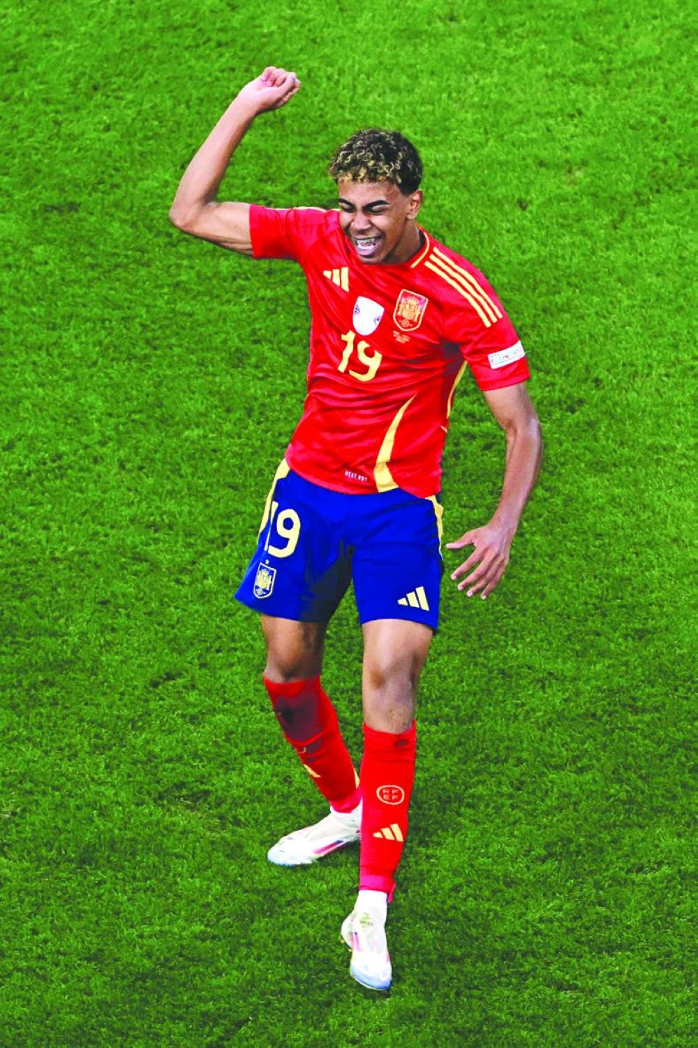 Spain’s Lamine Yamal celebrates scoring a goal during the UEFA Euro 2024 semi-final against France at the Munich Football Arena in Munich on Tuesday. (AFP)