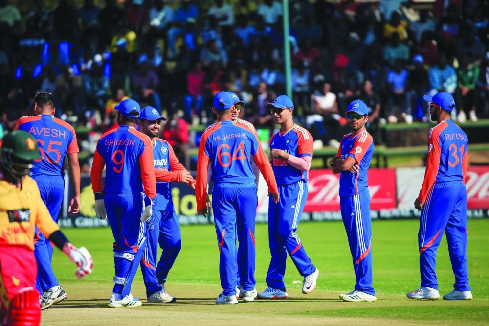 India players celebrate a Zimbabwe wicket during the third T20I at Harare Sports Club on Wednesday. (@BCCI)