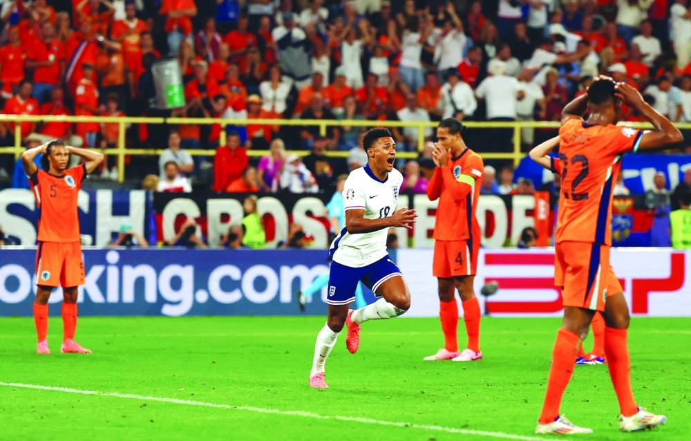 England’s Ollie Watkins celebrates scoring their second goal against the Netherlands in Euro 2024 semi-final in Dortmund on Wednesday. (Reuters)
