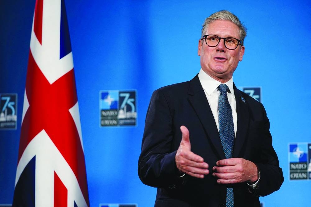 British Prime Minister Keir Starmer speaks as he participates in a bilateral meeting with Secretary-General of Nato Jens Stoltenberg during alliance’s 75th anniversary summit in Washington. (Reuters) 
