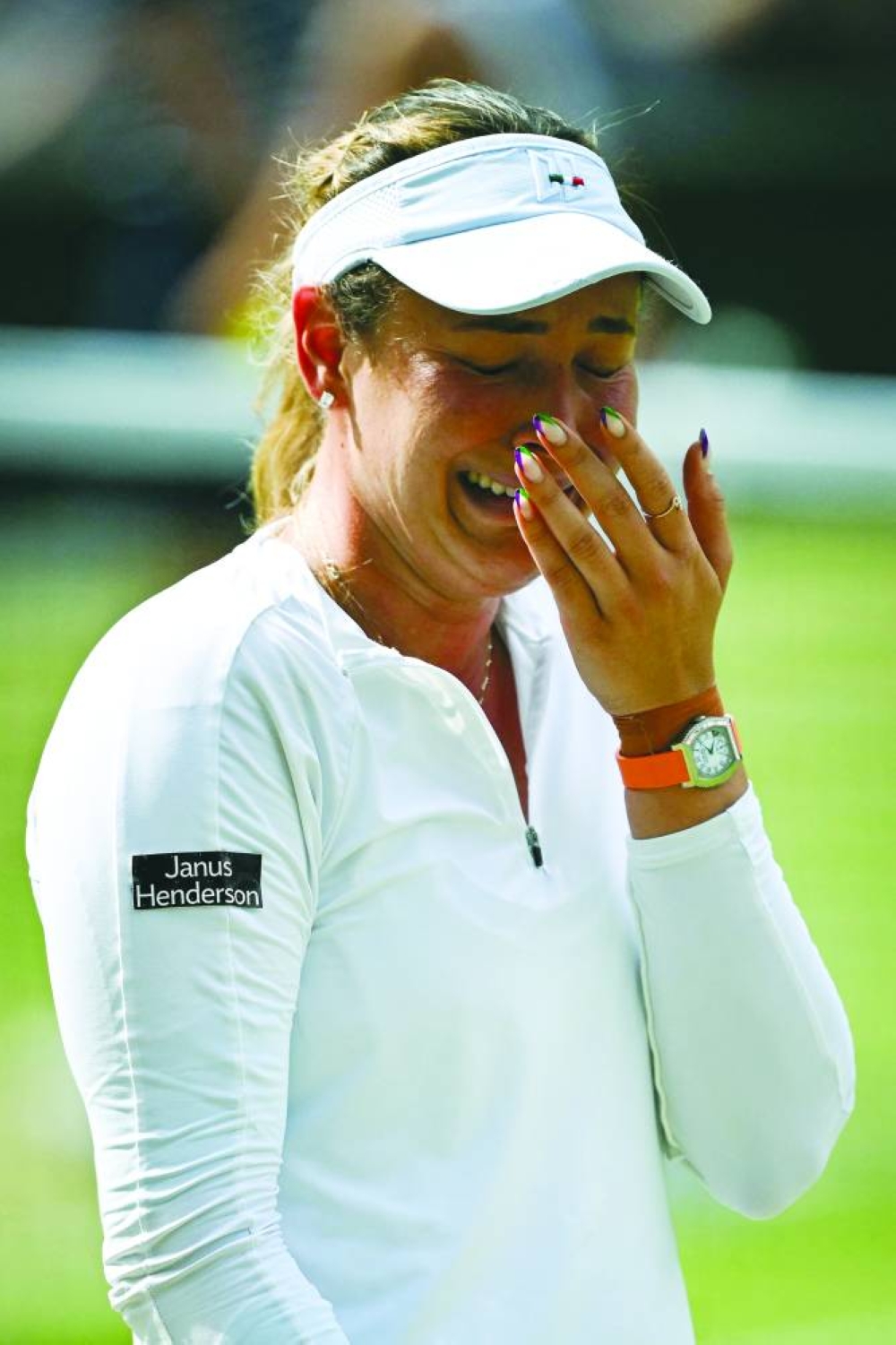 Croatia's Donna Vekic reacts during women's singles semi-final against Italy's Jasmine Paolini at 2024 Wimbledon Championships in Wimbledon, London on Thursday. (AFP)