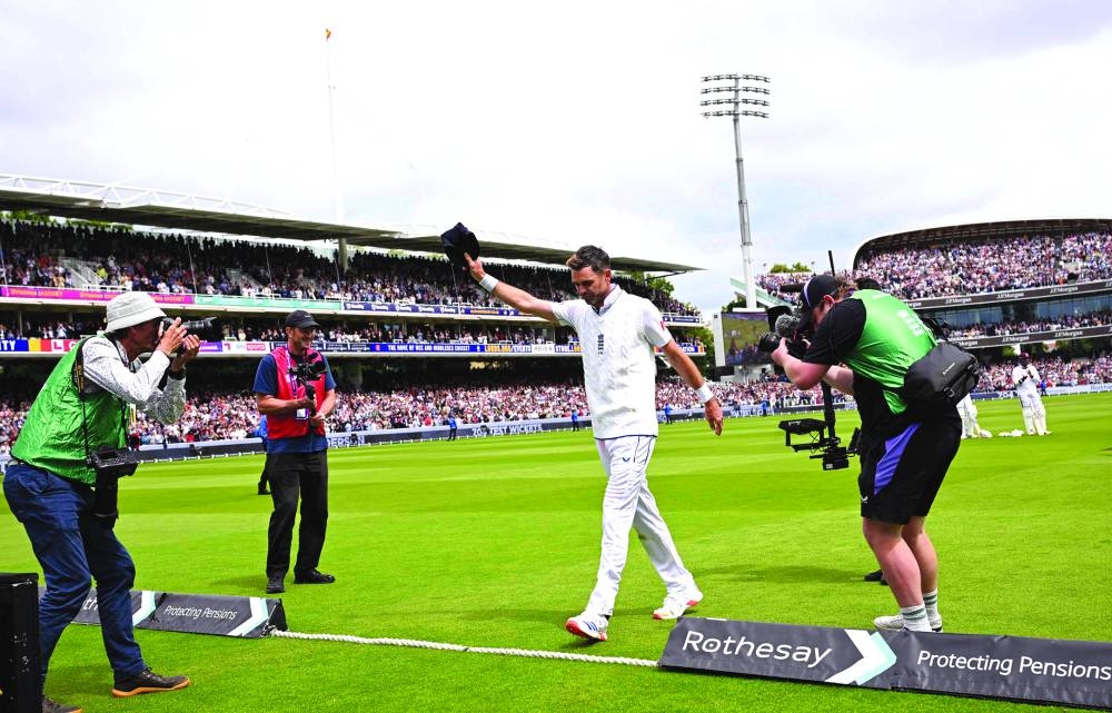
England’s James Anderson waves to fans at the end of the first Test against West Indies at Lord’s. (AFP) 