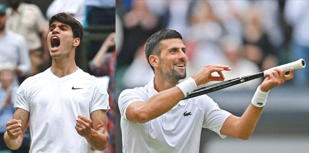 This combination of pictures shows Spain’s Carlos Alcaraz (left) celebrate winning his Wimbledon semi-final and Serbia’s Novak Djokovic imitating playing the violin with his racquet as he celebrates winning his semi-final on Friday. (Reuters)