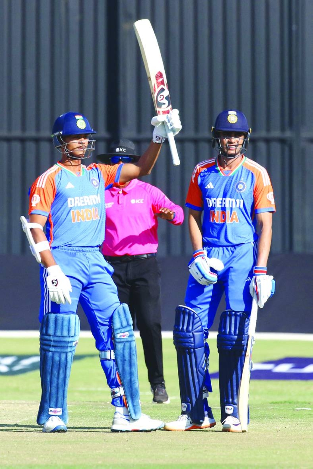 India’s Yashasvi Jaiswal (left) celebrates after scoring a half century during the fourth T20I against Zimbabwe at Harare Sports Club in Harare yesterday. (AFP) 