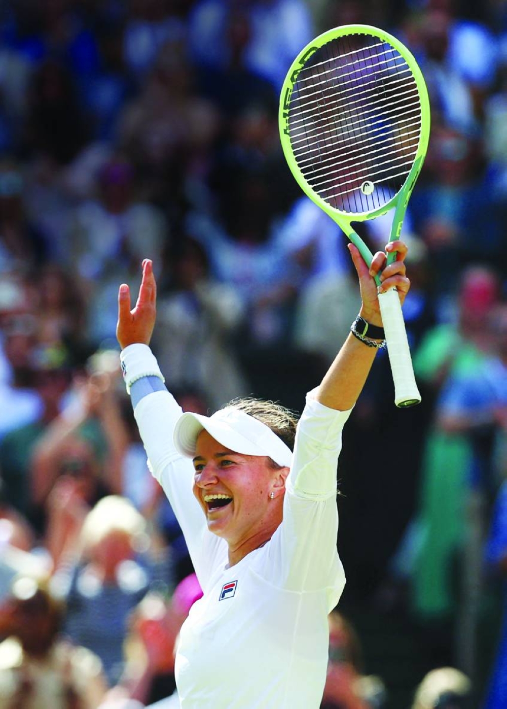 Barbora Krejcikova celebrates winning the Wimbledon final against Jasmine Paolini on Saturday. (Reuters)