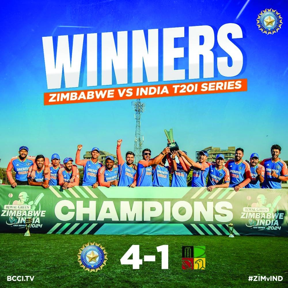 
Indian players celebrate winning the T20I series against Zimbabwe in Harare, India won the five-match series 4-1. Right: India’s Sanju Samson during his innings of 58 against Zimbabwe in Harare yesterday. (@BCCI/AFP)  