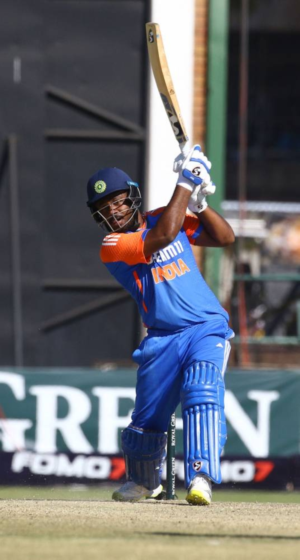 India's Sanju Samson plays a shot during the fifth T20 international cricket match played between Zimbabwe and India at Harare Sports Club in Harare on July 14, 2024 (Photo by Jekesai NJIKIZANA / AFP)