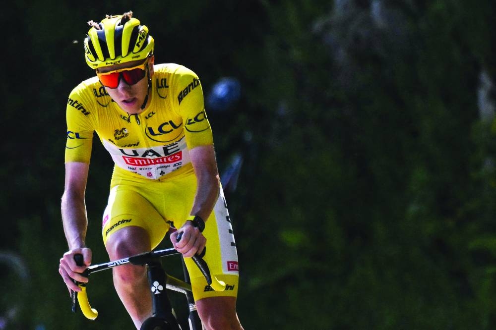
UAE Team Emirates’ Slovenian rider Tadej Pogacar cycles in the final ascent of the Plateau de Beille during the 15th stage of the 111th edition of the Tour de France on Sunday. (AFP) 