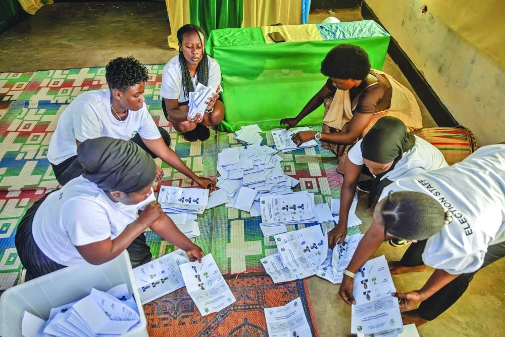 Rwanda National Electoral Commission officials count votes following the closing of the polls during the 2024 Rwandan general elections at a polling station in Kigali. – AFP 
