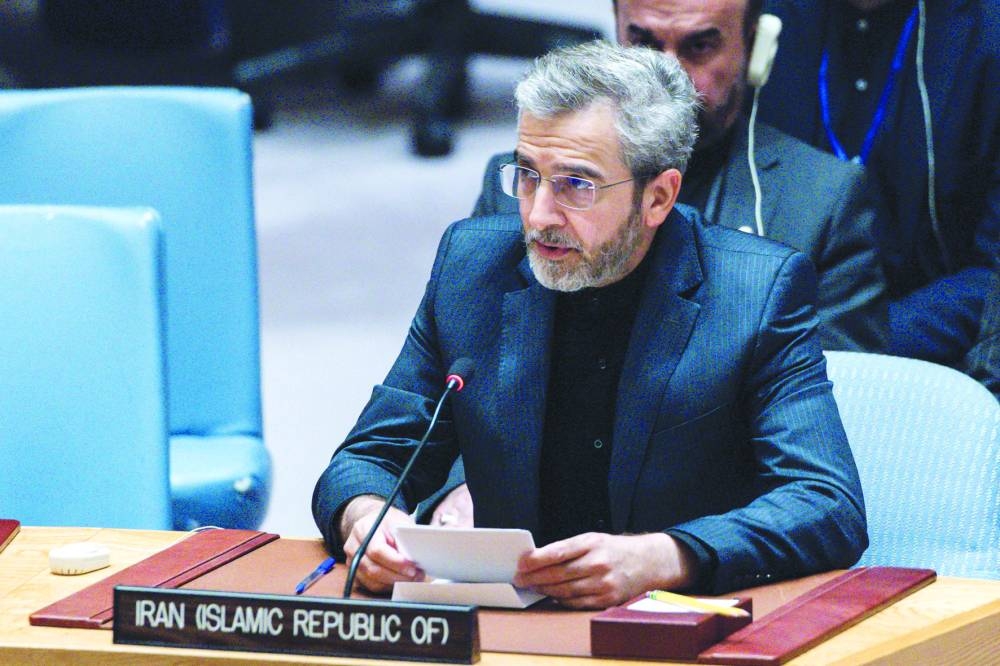 
Iran’s acting foreign minister Ali Bagheri Kani speaks to delegates during a meeting of the UN Security Council at the UN headquarters in New York City, yesterday. 