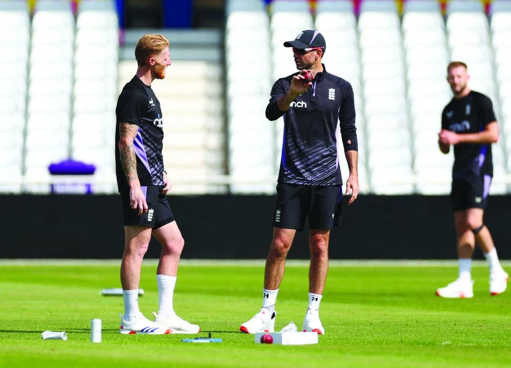 
England’s James Anderson with Ben Stokes during practice at Trent Bridge Cricket Ground, Nottingham, Britain, on Wednesday. (Reuters) 
