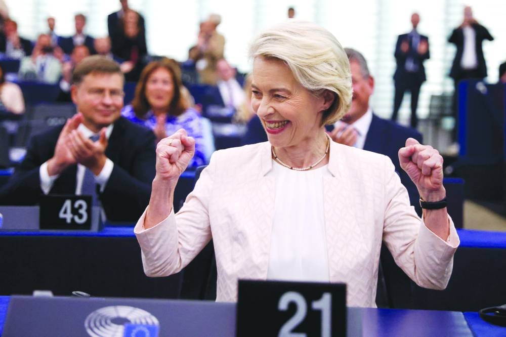 Ursula von der Leyen reacts after being chosen President of the European Commission for a second term at the European Parliament in Strasbourg yesterday. (Reuters)