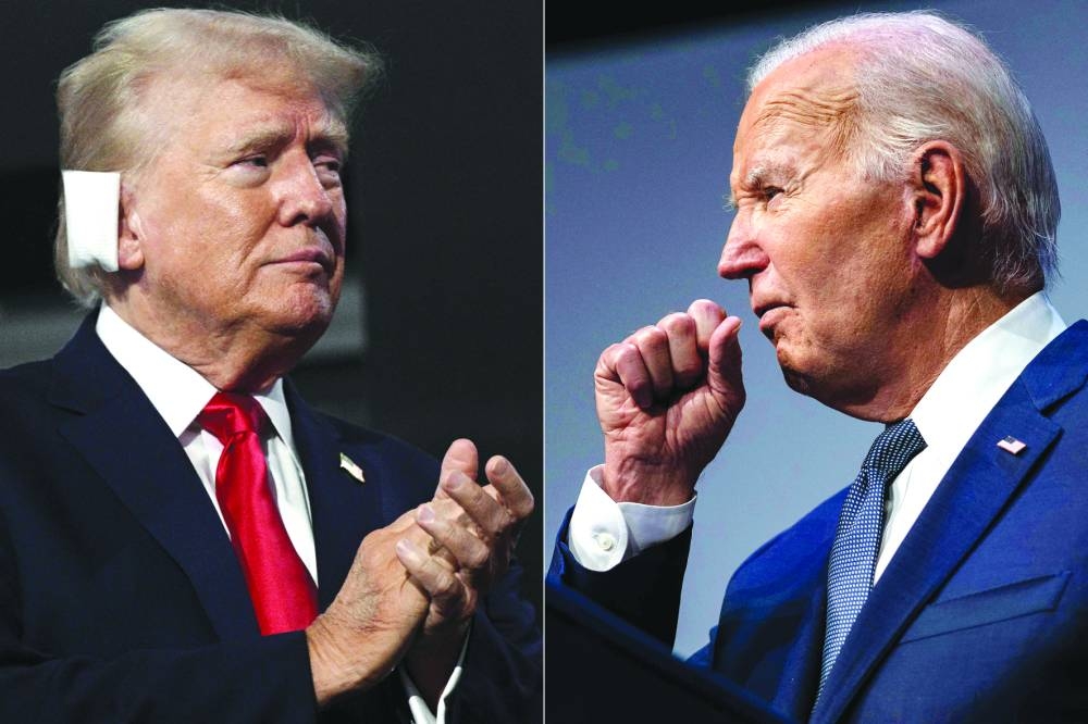  This combination of pictures shows Donald Trump (L) and Joe Biden clearing his throat as he speaks on economics in Las Vegas, Nevada, on July 16, 2024, before testing positive for Covid 