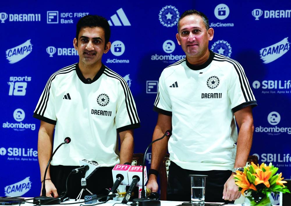Newly appointed India head coach Gautam Gambhir (left) and chairman of the BCCI selection committee Ajit Agarkar pose in Mumbai on Monday.