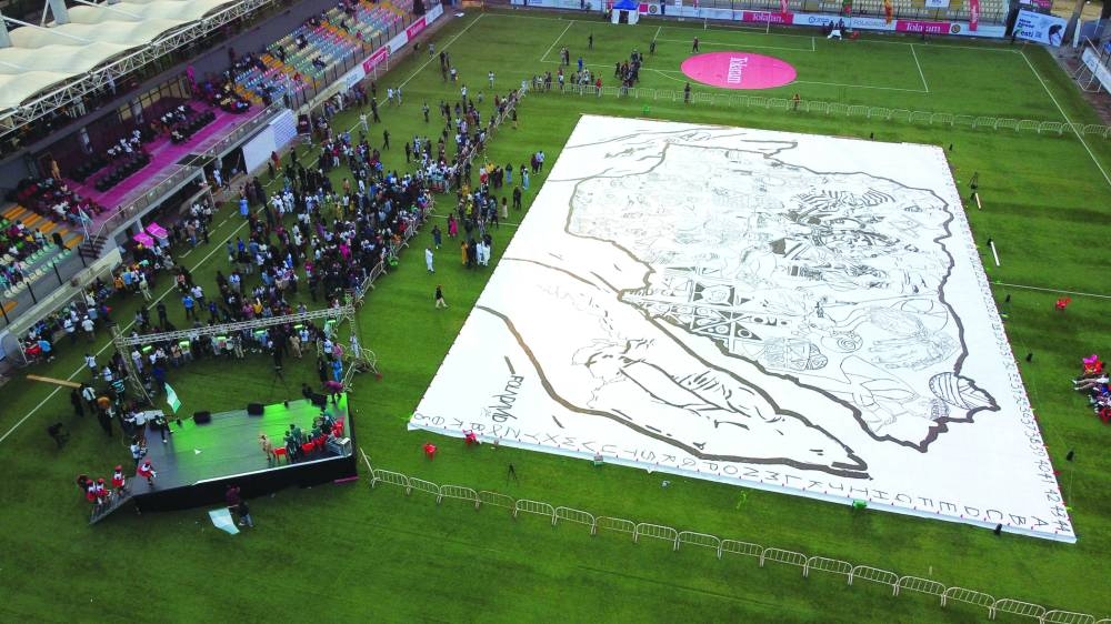 A drone view of the complete piece covering over 1,000 square metres created by Fola David, a Nigerian medical doctor and artist, at Onikan stadium in Lagos.