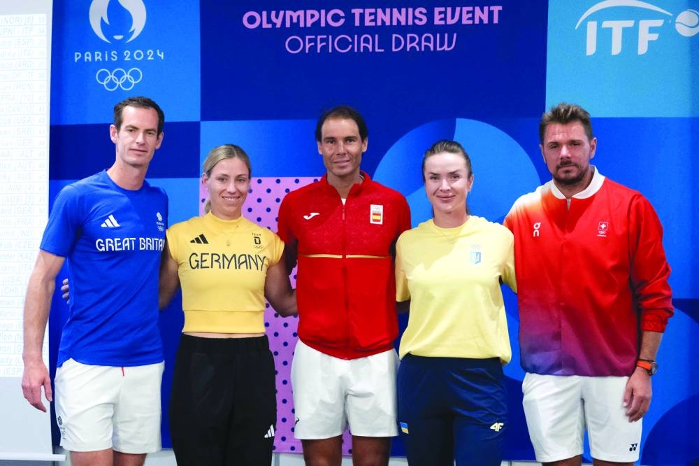 From left: Britain’s Andy Murray, Germany’s Angelique Kerber, Spain’s Rafael Nadal, Ukraine’s Elina Svitolina and and Switzerland’s Stan Wawrinka pose after the draw ceremony for the tennis event at the Paris Olympic Games in Paris on Thursday. (AFP)