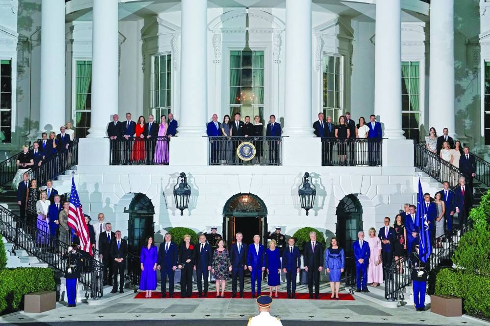 US President Joe Biden, his wife Jill Biden, Nato Secretary-General Jens Stoltenberg and his wife Ingrid Schulerud stand with other Nato allies and partners during a ceremony ahead of a dinner at the White House during Nato’s 75th anniversary summit in Washington recently. (Reuters) 