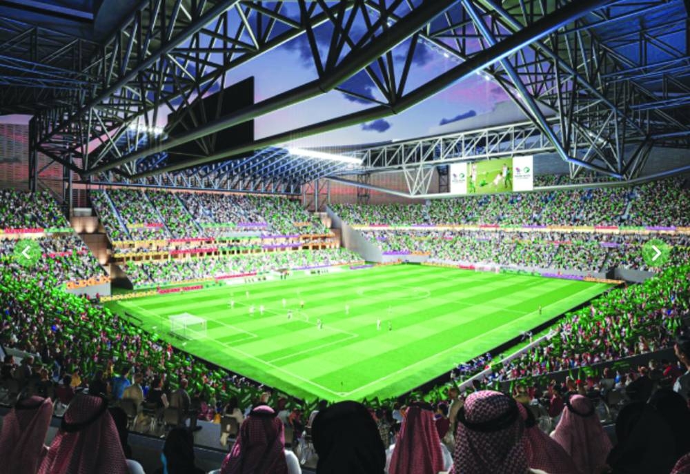 A computer generated image of King Khalid Stadium in the city of Abha, This existing stadium is located in the south-east of Abha. Capacity will be expanded to more than 45,000 for the FIFA World Cup 2034, with refurbishment focusing on modernizing the infrastructure while respecting the stadium’s historical context. 