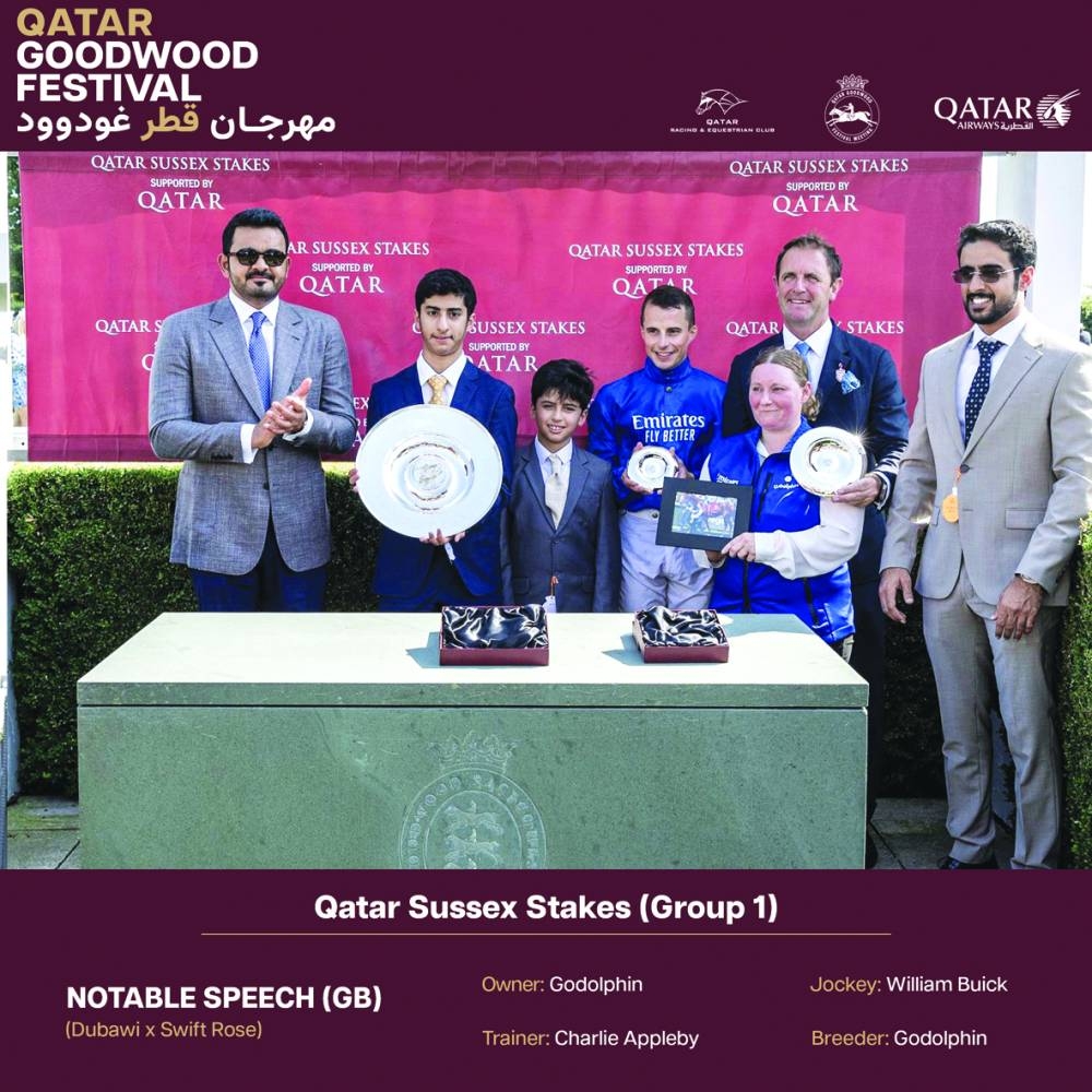 HE Sheikh Joaan bin Hamad al-Thani, president of Qatar Olympic Committee, honoured the winners of the Gr1 Qatar Sussex Stakes, which was landed by Notable Speech for Godolphin, trainer Charlie Appleby and jockey William Buick on Wednesday. (PICTURE: Juhaim)
