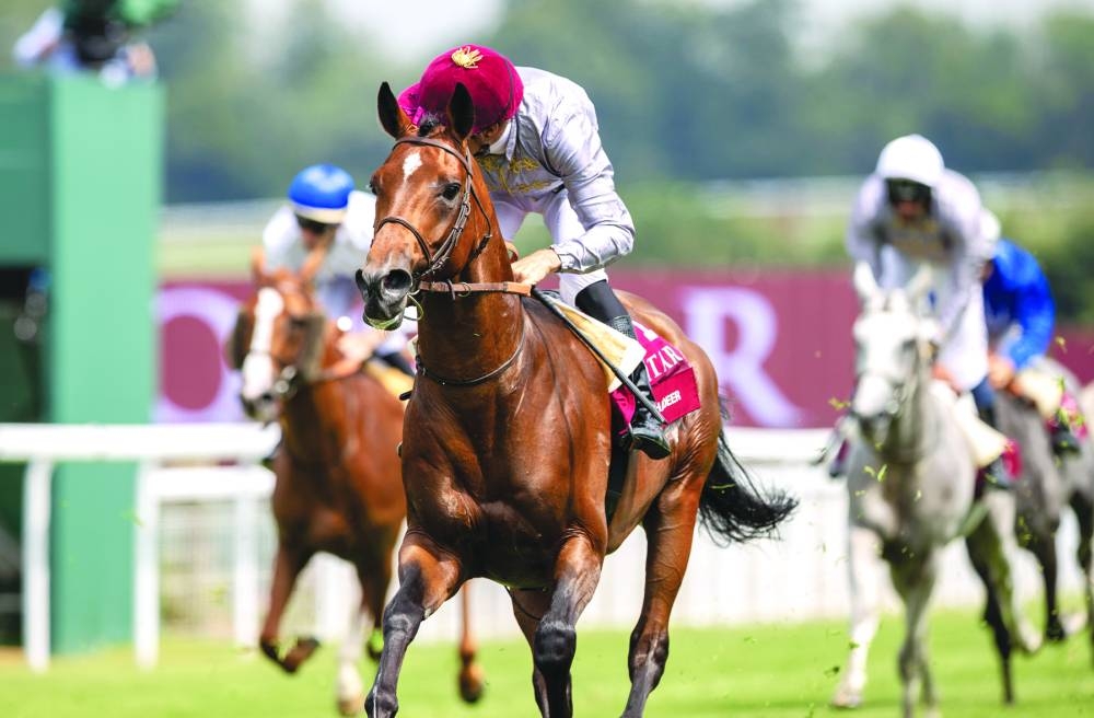 Jockey Christophe Soumillon guided Al Shaqab Racing’s Al Ghadeer repeated last year’s victory in the Group 1 Qatar International Stakes on the second day of the Qatar Goodwood Festival on Wednesday. (PICTURE: Juhaim)