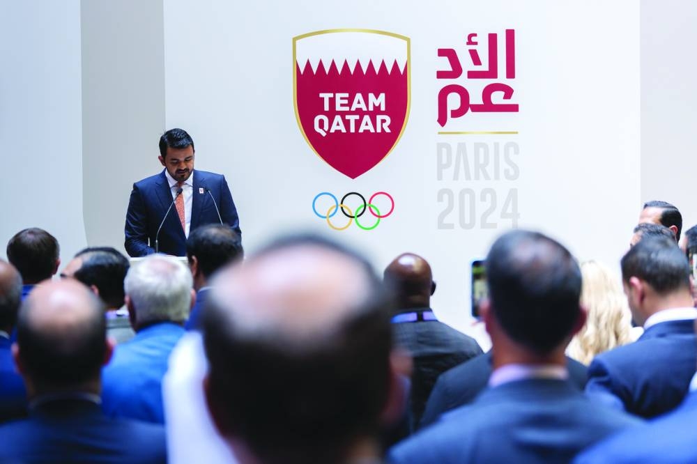 Qatar Olympic Committee President HE Sheikh Joaan bin Hamad al-Thani speaks during a reception ceremony held for the Qatar team at the 2024 Paris Games on Thursday.