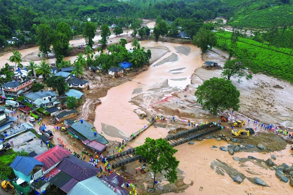 An aerial view of the tea plantations after landslides in Wayanad. 