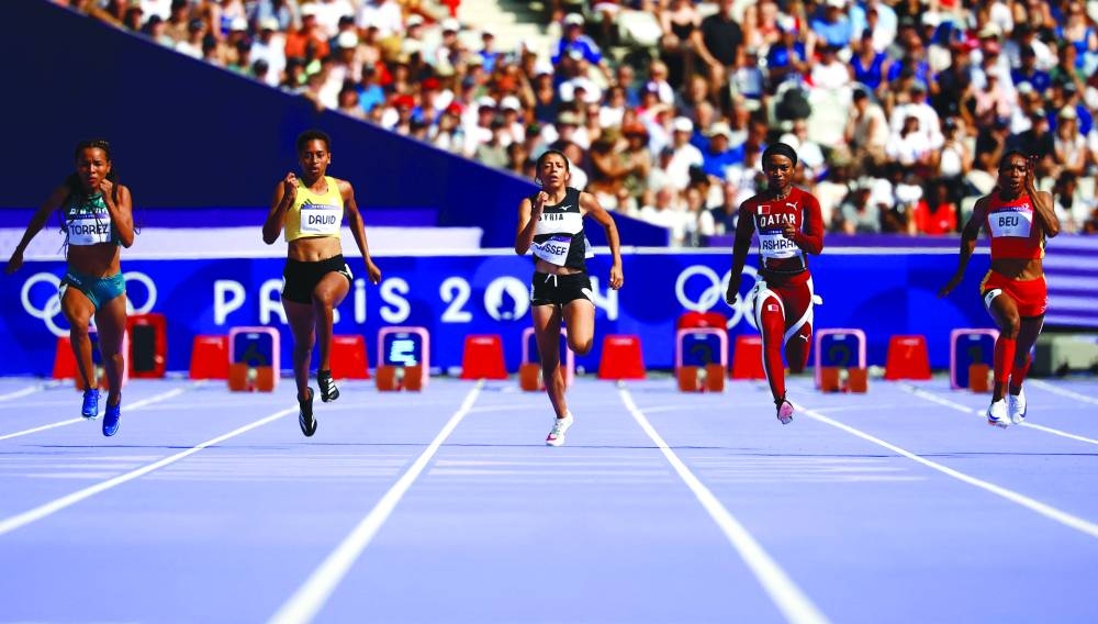 Qatar’s Shahd Mohamed (second right) in action during the women’s 100m heats at the Paris Olympics. (Reuters) 