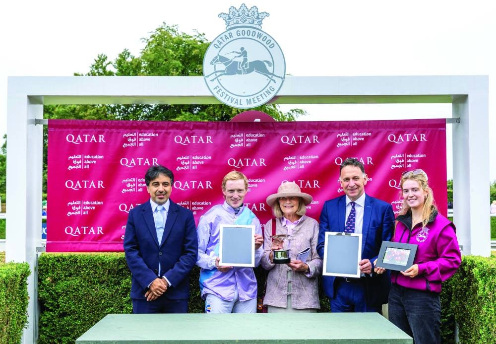 Education Above All Foundation CEO Fahad bin Hamad al-Sulaiti with the connections of Term Of Endearment, which won the Qatar Lillie Langtry stakes at the Qatar Goodwood Festival on Saturday . 