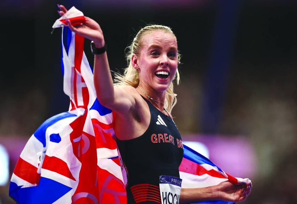 Britain’s Keely Hodgkinson celebrates after winning the women’s 800m final yesterday. (AFP) 