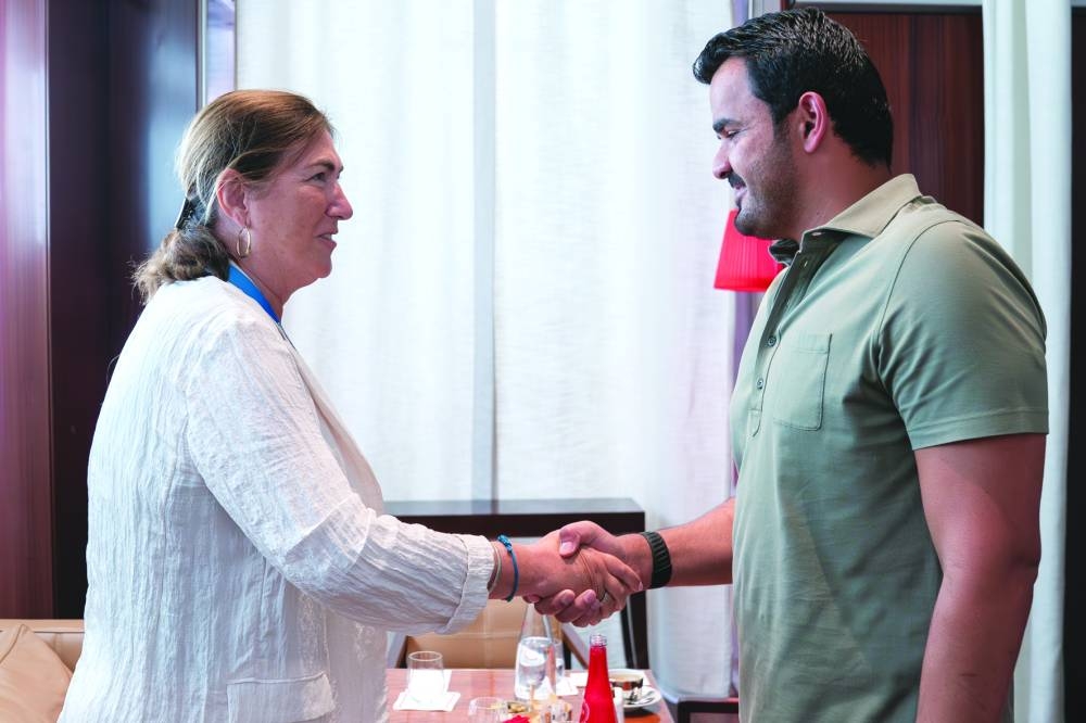 HE Sheikh Joaan met International Triathlon Union (ITU) President Marisol Casado at the Paris Olympics. 