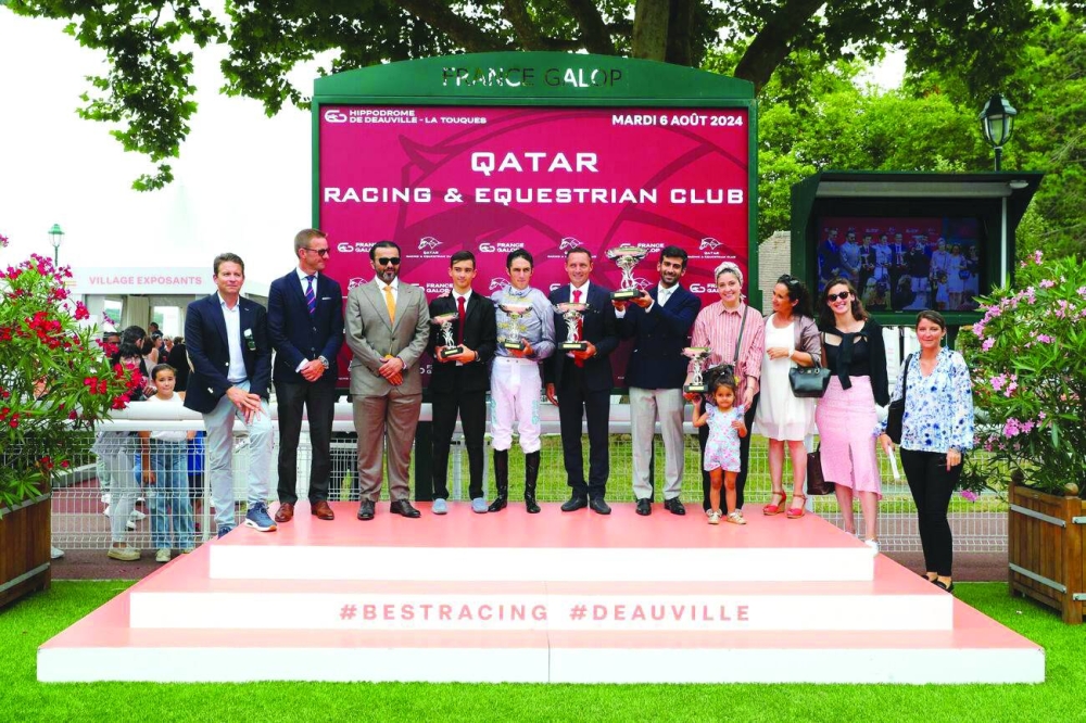 Connections of Nour Al Maury celebrate after the mare won Doha Cup at Deauville in France on Tuesday.