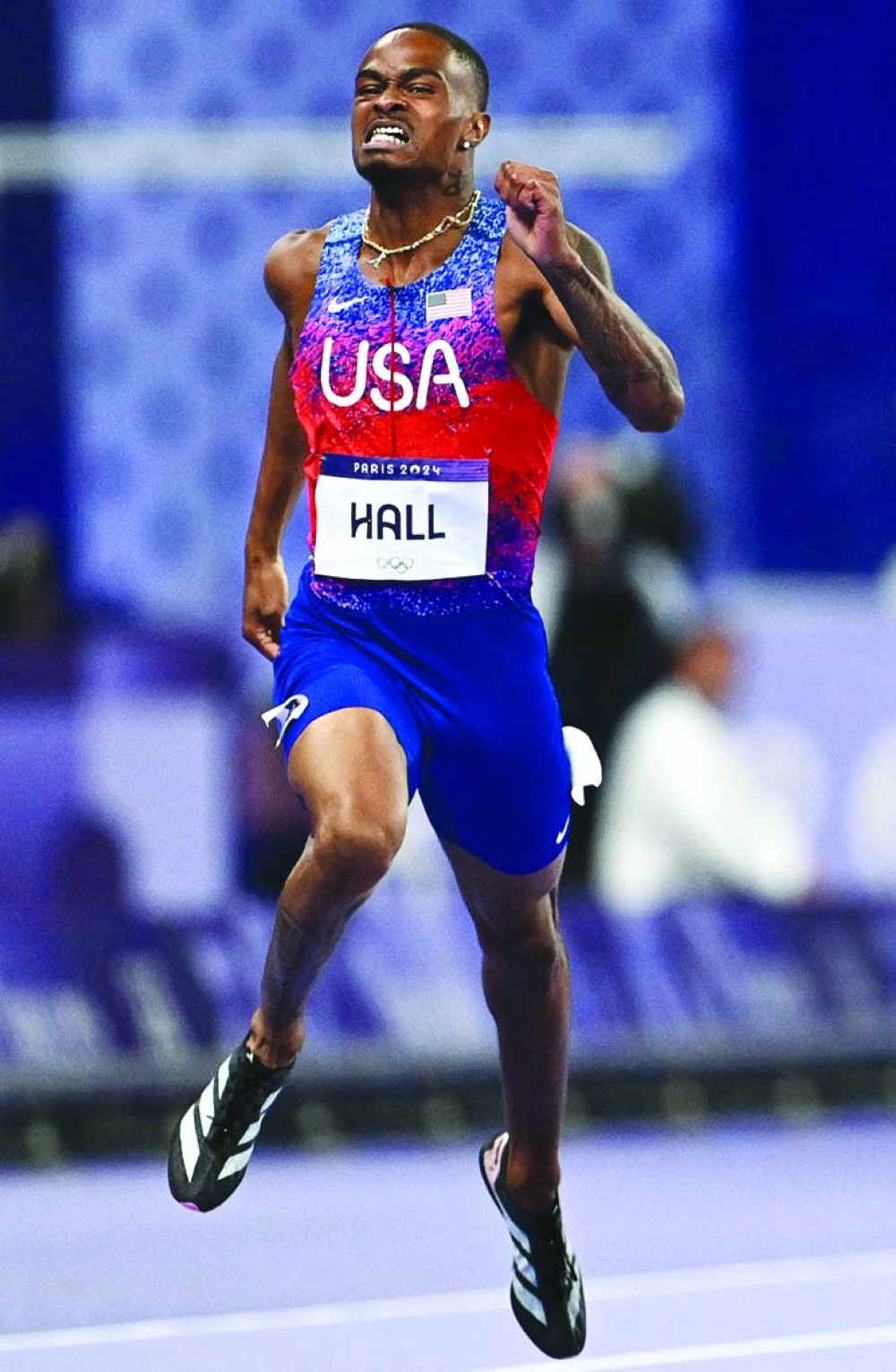 
Quincy Hall of the US crosses the finish line to win the men’s 400m final on Wednesday. (AFP) 