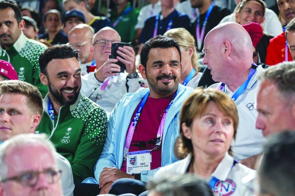 HE Sheikh Joaan bin Hamad al-Thani, President of Qatar Olympic Committee (QOC) and FIFA President Gianni Infantino along with Saudi Minister of Sports Prince Abdulaziz bin Turki al-Faisal watching Qatar’s beach volleyball players Cherif Younousse and Ahmed Tijan’s quarter-final against Andrew Benesh and Miles Partain of the US at the Paris Olympics 2024 in Paris on Wednesday.