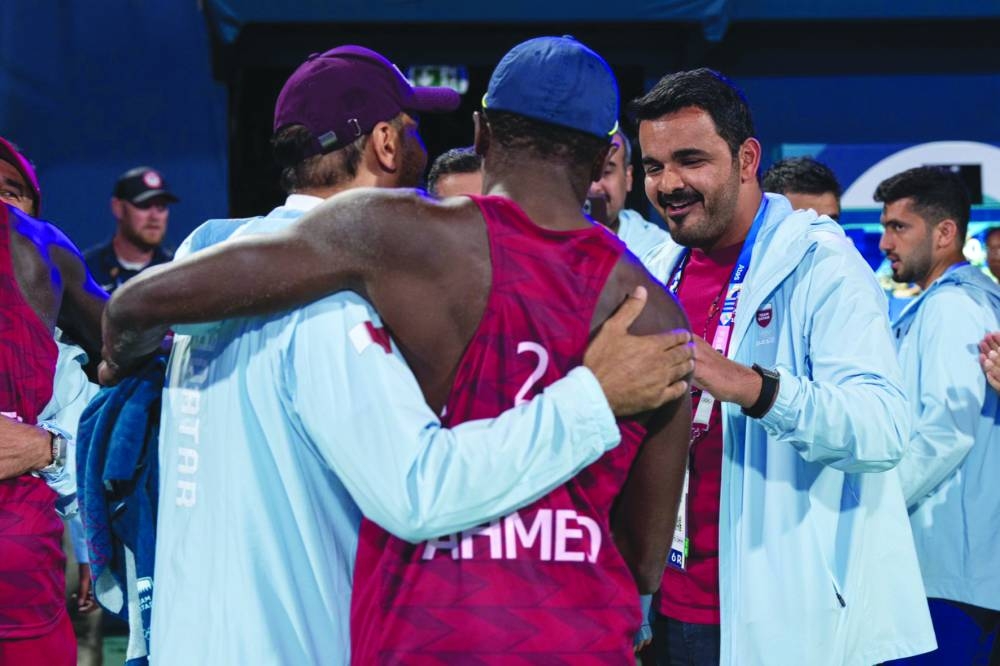 HE Sheikh Joaan bin Hamad al-Thani, President of Qatar Olympic Committee, congratulates Qatar’s beach volleyball players Ahmed Tijan and Cherif Younousse for winning the quarter-final against Andrew Benesh and Miles Partain of the US at the Paris Olympics 2024 in Paris on Wednesday.