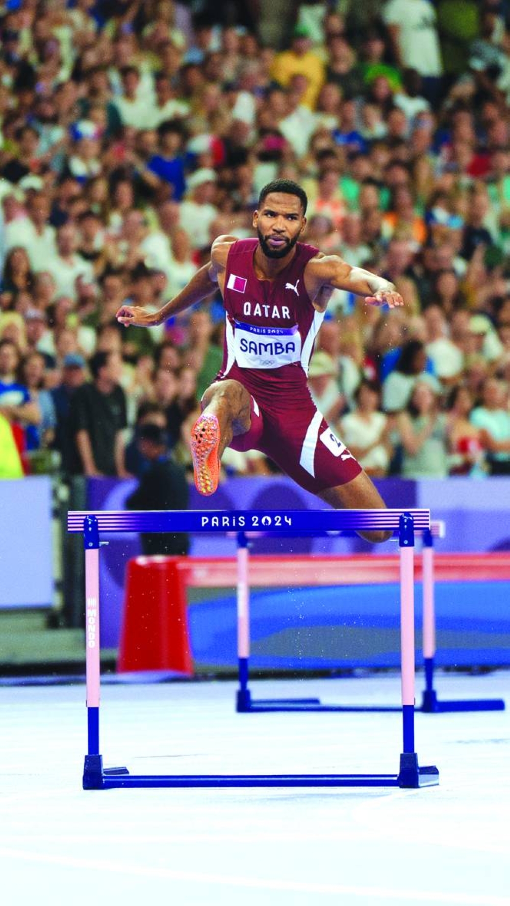 
Qatar’s Abderrahman Samba in action during the 400m hurdles final at the Stade de France. 