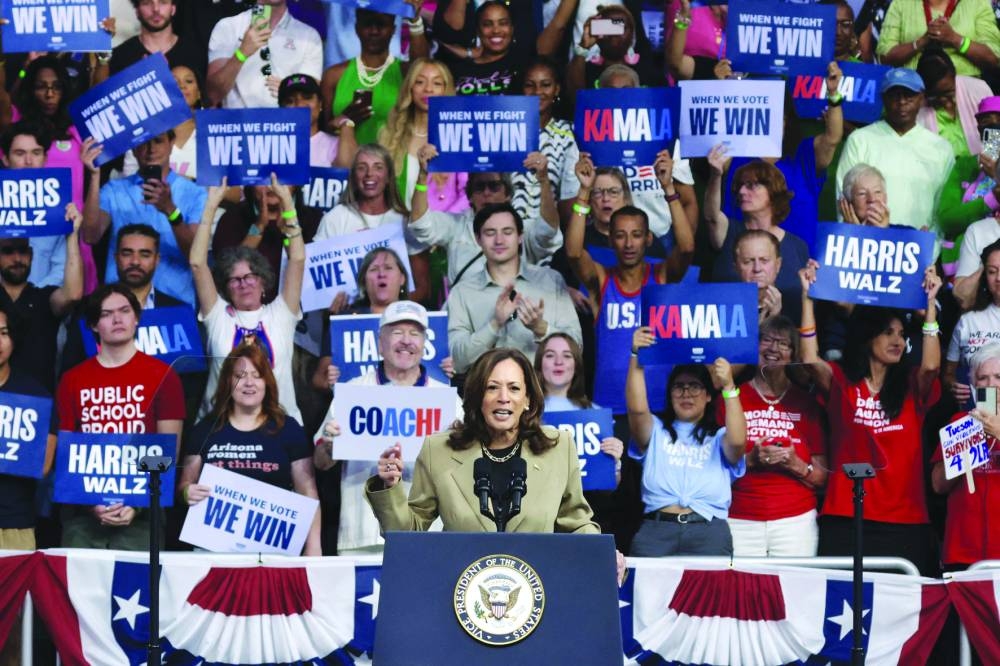 Democratic US presidential candidate Vice-President Kamala Harris speaks during a campaign rally at Desert Diamond Arena on Friday in Glendale, Arizona. (AFP) 