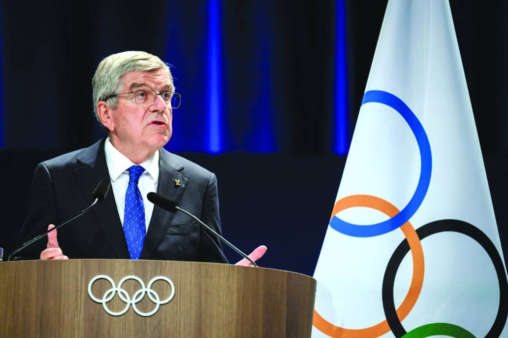 International Olympic Committee President Thomas Bach delivers a speech during the 142nd session of the IOC in Paris on Saturday. (AFP) 
