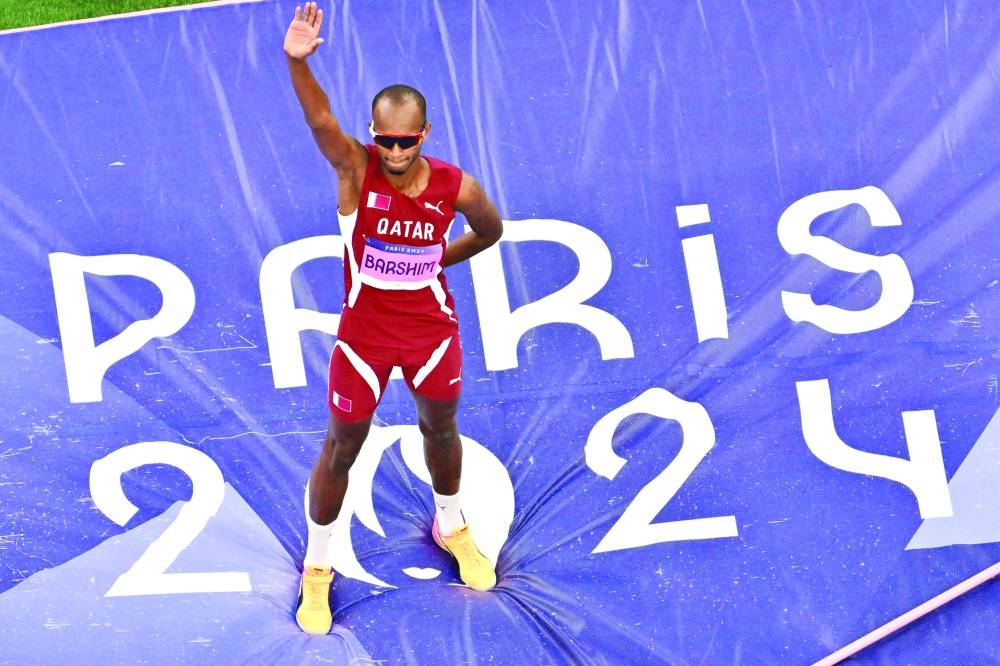 Qatar’s Mutaz Barshim reacts after winning the bronze medal at the Paris Olympic Games on Saturday. (AFP) 