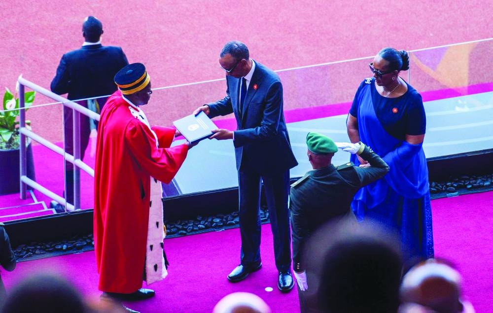 
President Paul Kagame and first lady Jeannette Kagame attend his swearing-in ceremony after a landslide win in last month’s election at the Amahoro Stadium, Gasabo District of Kigali, Rwanda, yesterday. 