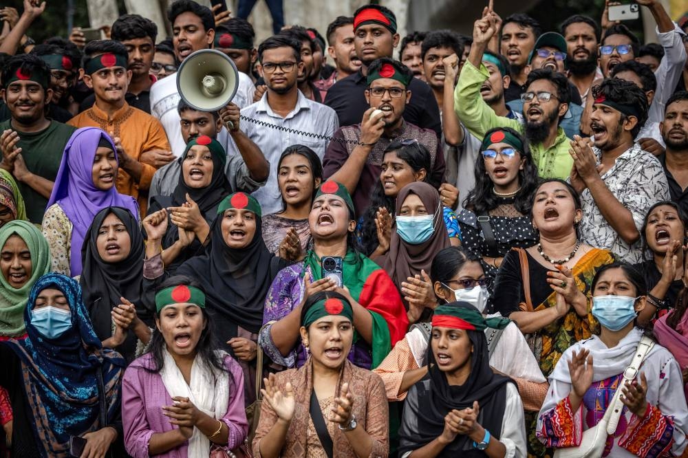 Students chant slogans as they protest to demand accountability and trial against Bangladesh's ousted Prime Minister Sheikh Hasina, near Dhaka University in the capital on Monday. AFP
