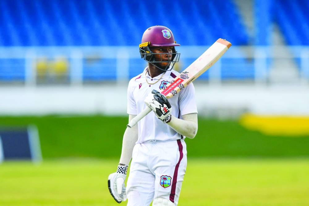Alick Athanaze of West Indies after being dismissed by Keshav Maharaj of South Africa during the 5th and final day of the 1st Test at Queens Park Oval, Port of Spain, Trinidad and Tobago. (AFP) 