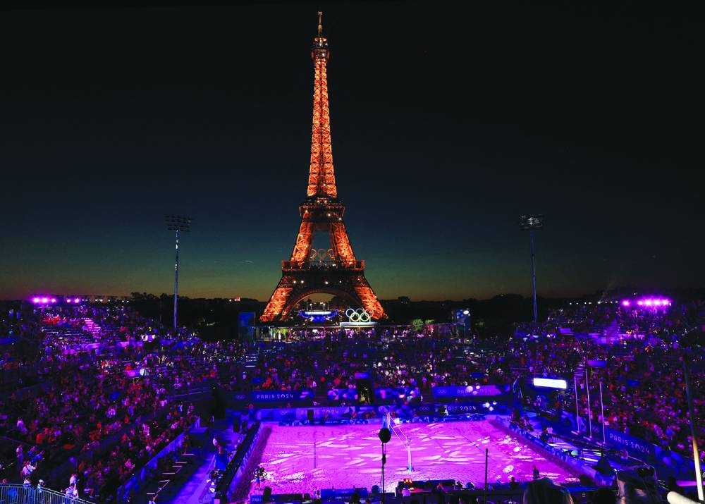 A view of the Eiffel Tower Stadium hosting the men's beach volleyball final at the 2024 Paris Olympics on Saturday. (Reuters)