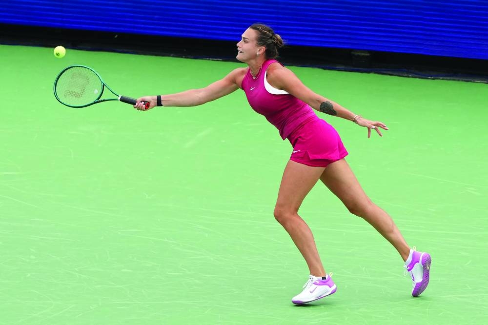 Aryna Sabalenka plays a forehand during her match against Elisabetta Cocciaretto of Italy during Day 5 of the Cincinnati Open at the Lindner Family Tennis Center in Mason, Ohio, on Thursday. (AFP)