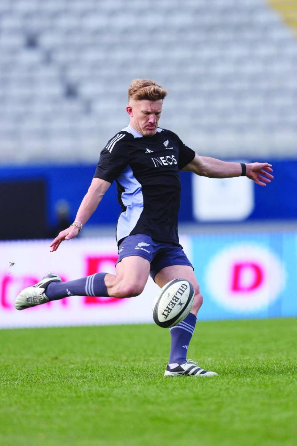 New Zealand’s Damian McKenzie kicks the ball during his team’s captain’s run at Eden Park in Auckland. (AFP) 