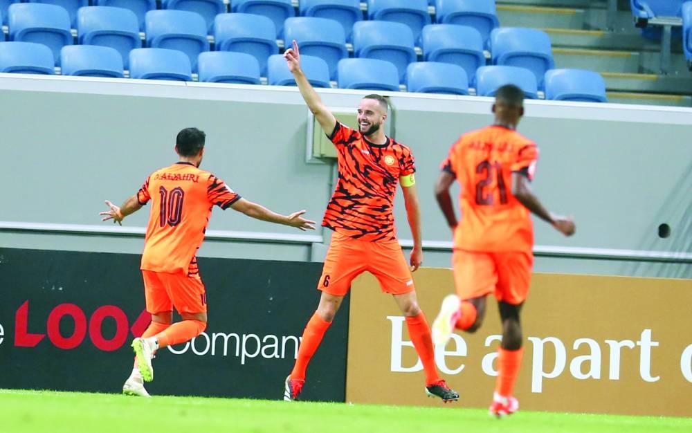 Umm Salal skipper Victor Lekhal (centre) celebrates with teammates after scoring against Al Shamal at the Al Janoub Stadium. 