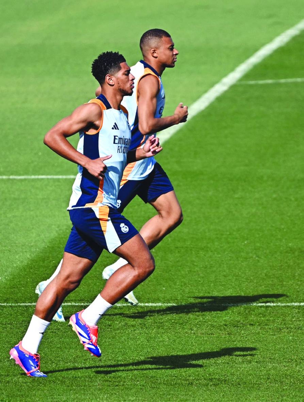 Real Madrid’s Jude Bellingham (left) and Kylian Mbappe train on Saturday, on the eve of their La Liga match against Mallorca. 